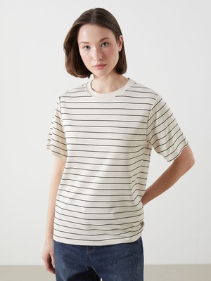 Lc Waikiki Yeni Sezon Bisiklet Yaka Çizgili Oversize Kadın Tişört