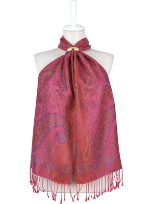 Bursa İpek Fuşya Sarı Jamawar Dokuma Ipek Fular