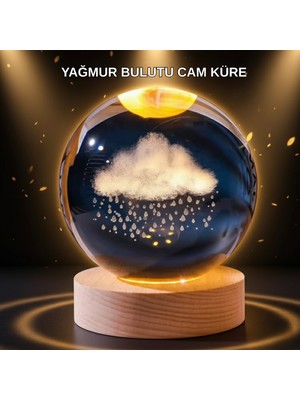 Kafkas Store Tkndy LED Sıcak Işıklı 3D Bulut Figürlü Kristal Küre Ahşap Standlı Gece Lambası