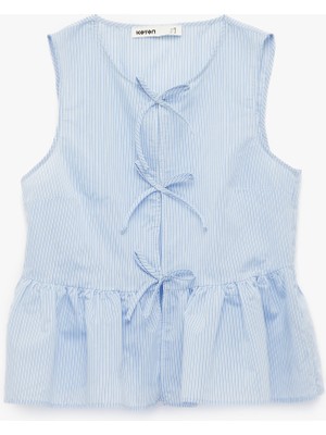 Koton Bisiklet Yaka Önden Bağlama Detaylı Fiyonklu Çizgili Peplum Bluz