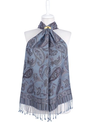 Bursa İpek Füme Indigo Jamawar Dokuma Ipek Fular