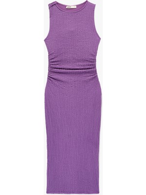 Koton Bürümcük Kumaş Drapeli Kayık Yaka Kolsuz Slim Fit Uzun Kalem Elbise