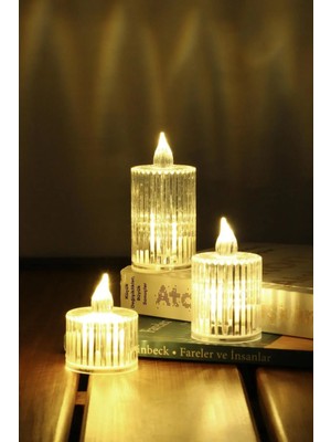 PremiumPort 3'lü Kristal Desenli LED Mum Seti, Pilli, Dekoratif, Alevsiz, Yapay