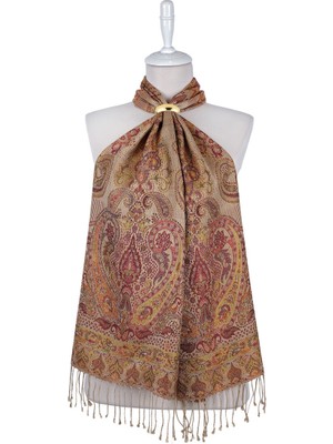 Bursa İpek Bej Kırmızı Jamawar Dokuma Ipek Fular