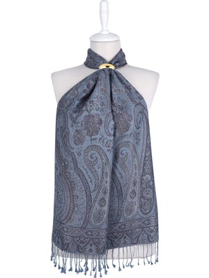 Bursa İpek Füme Indigo Jamawar Dokuma Ipek Fular