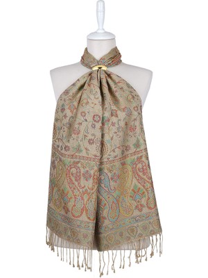 Bursa İpek Bej Yeşil Jamawar Dokuma Ipek Fular