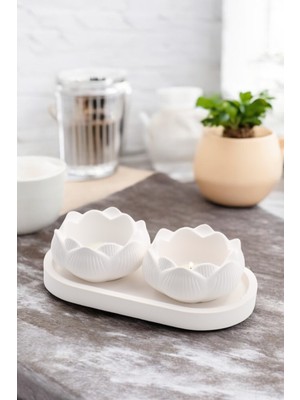 PremiumPort Şık 3 Parça Beyaz Lotus Dekoratif Seti + 2 Tealight Mum Hediye