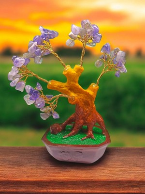 PremiumPort Doğal Ametist Taşlı Ağaç Dekoratif Objeleri, 15 Cm, Şık ve Doğal Tasarım