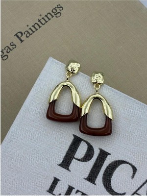 Hedef Bijuteri Gold Kahverengi Detaylı Sallantılı Tasarım Küpe