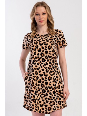 Vienetta Kadın Büyük Beden Kısa Kol Leopar Desenli Gecelik Tunik C3T0N3305