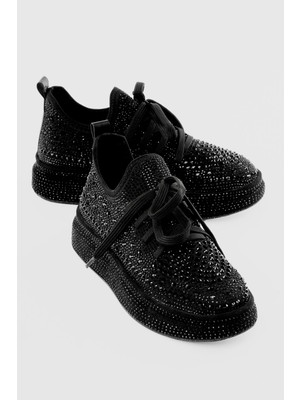 Mubiano Kadın Sneaker Taş Detaylı Kalın Tabanlı Diamond Siyah
