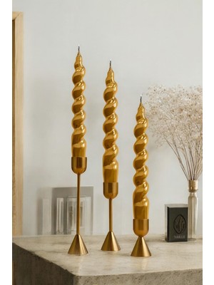 PremiumPort Altın Renkli 3'lü Italyan Burgu Şamdan, 18 Cm, Şık Dekorasyon Aksesuarı