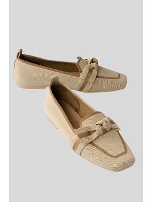 Mubiano Kadın Triko Babet Kare Burunlu Fiyonklu Günlük Babet Aira Bej