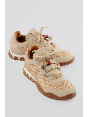 Mubiano Kadın Hasır Sneaker Süet Detaylı Boncuklu Calla Bej