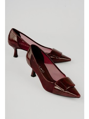 Mubiano Kadın Kroko Stiletto Toka File Detaylı Sivri Burun Topuklu Ayakkabı Arona Bordo