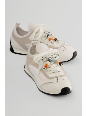 Mubiano Kadın Sneaker Düz Taban Boncuk Detaylı Streç Spor Ayakkabı Brisa Beyaz