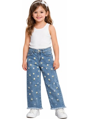 İrem Çocuk Giyim Kız Çocuk Papatya Nakışlı Geniş Paça Model Paçası Püsküllü Mavi Renk Pantolon