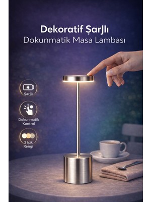 Ecuy Dekoratif Masa Üstü Şarjlı Dokunmatik Masa Lambası Gri 3 Işık Renkli Dimerli Metal