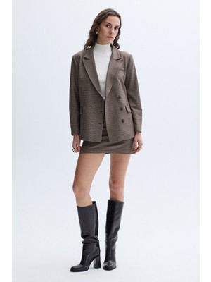 Kadın Kahverengi Ekoseli Regular Fit Blazer Ceket
