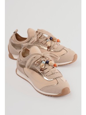 Mubiano Kadın Sneaker Düz Taban Boncuk Detaylı Streç Spor Ayakkabı Brisa Bej