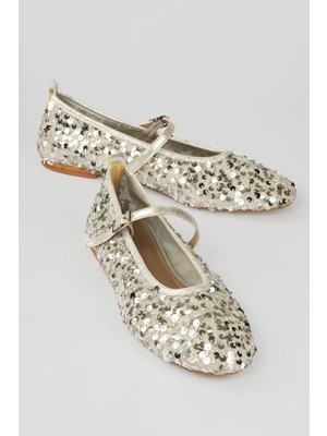 Mubiano Kadın Pullu File Babet Yuvarlak Burunlu Baretli Babet Lume Gümüş