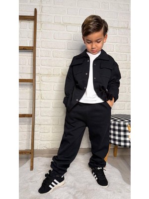 Cg Kids Jogger Kumaş Pantolon Ceket Basic Uzun Kollu Body 3lü Alt Üst Takım Erkek Çocuk Siyah Renk Süper Kalite