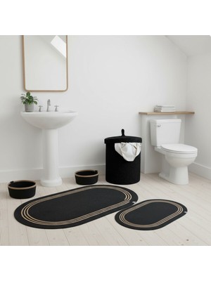 Comfort Craft Hasır / Jüt 5 Parça Hasır Çizgili Banyo Paspas Takımı | Kirli Sepeti | Oval Sepetler