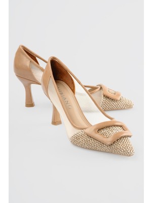 Mubiano Kadın Stiletto Toka File Detaylı Sivri Burun Topuklu Ayakkabı Salva Vizon