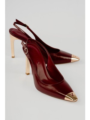 Mubiano Kadın Stiletto Sivri Metal Burun Arka Açık Metal Topuk Nysa Bordo