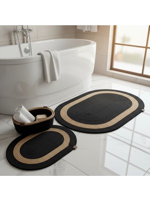 Comfort Craft Siyah Hasır / Jüt 4 Parça Hasır Şeritli Banyo Paspas Takımı | Oval Sepet, Paspas ve Dekor Seti