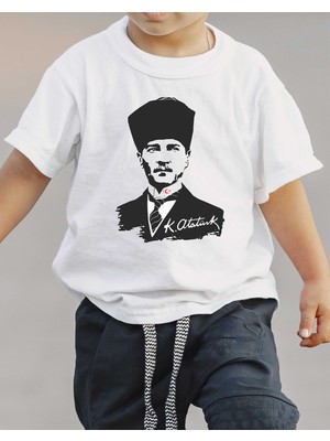 F17 Ajans Atatürk Silüet ve Imza Baskılı %100 Pamuk Sıfır Yaka Kız ve Erkek Çocuk Tişörtü