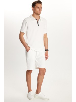 Tudors Erkek Standart Fit Pamuklu Fermuarlı Polo Yaka Tişört Beli Bağcıklı Beyaz Şort Takım