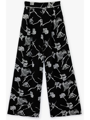 Koton Viskon Keten Karışımlı Pile Detaylı Geniş Paça Çiçekli Pantolon