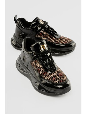 Mubiano Kadın Rugan Sneaker Leopar File Detaylı Kalın Tabanlı Bağcıklı Marsia Siyah