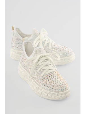 Mubiano Kadın Sneaker Taş Detaylı Kalın Tabanlı Diamond Beyaz