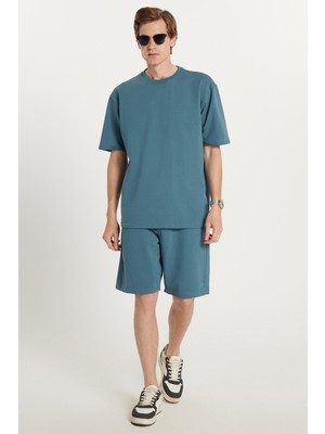 Tudors Erkek Standart Fit Normal Kesim Pamuklu Bisiklet Yaka Beli Bağcıklı Indigo Şort Takım