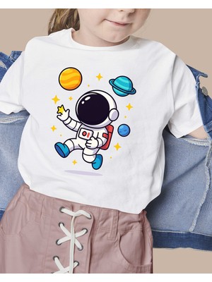 F17 Ajans Astronot Baskılı %100 Pamuk Sıfır Yaka Kız ve Erkek Çocuk Tişörtü