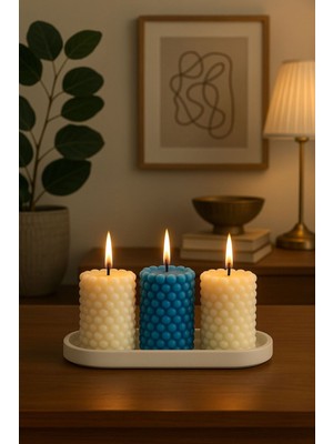 PremiumPort Okyanus Kokulu, Mavi Beyaz Top Bubble Mum, 4'lü Dekoratif Tepsi Seti