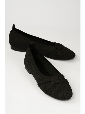 Mubiano Kadın Triko Babet Yuvarlak Burunlu Fiyonklu Günlük Babet Vela Siyah