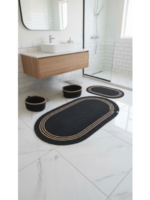 Comfort Craft Siyah Hasır Çizgili / Jüt 4 Parça Çizgili Banyo Paspas Takımı | Oval Sepet, Paspas ve Dekor Seti