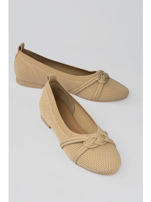 Mubiano Kadın Triko Babet Yuvarlak Burunlu Fiyonklu Günlük Babet Vela Bej