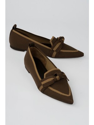 Mubiano Kadın Triko Babet Sivri Burunlu Fiyonklu Günlük Babet Maris Kahve