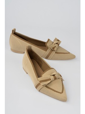 Mubiano Kadın Triko Babet Sivri Burunlu Fiyonklu Günlük Babet Maris Bej