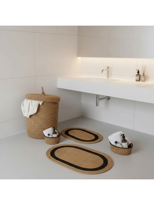 Comfort Craft Hasır / Jüt 5 Parça Siyah Şeritli Banyo Paspas Takımı | Kirli Sepeti | Oval Sepetler