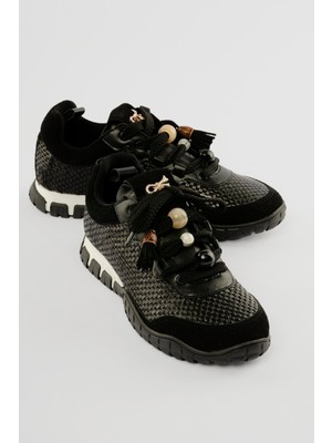 Mubiano Kadın Hasır Sneaker Süet Detaylı Boncuklu Calla Siyah