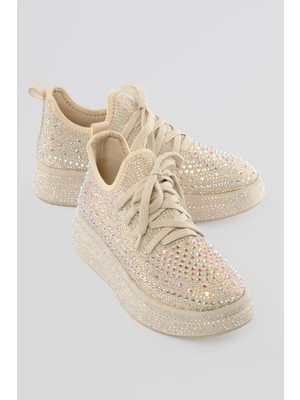 Mubiano Kadın Sneaker Taş Detaylı Kalın Tabanlı Diamond Bej