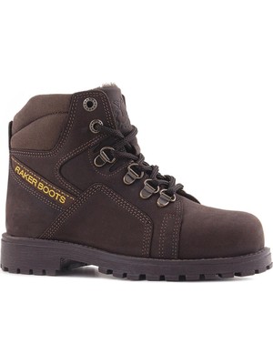 Rakerplus Hakiki Deri Kahve Nubuk Fermuarlı Kürklü Çocuk Bot