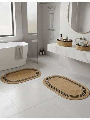 Comfort Craft Hasır Siyah Çizgili / Jüt 4 Parça Çizgili Banyo Paspas Takımı | Oval Sepet, Paspas ve Dekor Seti