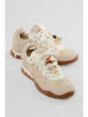 Mubiano Kadın Hasır Sneaker Süet Detaylı Boncuklu Calla Beyaz