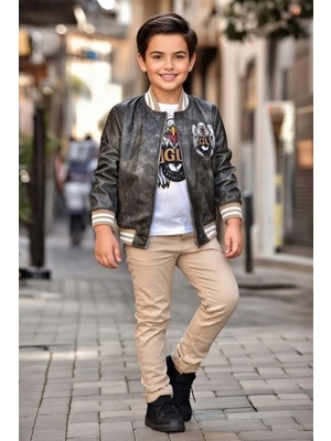 Riccotarz Erkek Çocuk Bisiklet Yaka Eagles Baskılı T-Shirt Sırt Baskılı Deri Ceket Alt Üst Takım